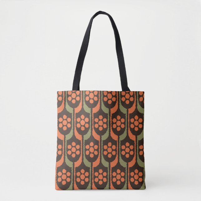 Seamless flower repeat pattern orange gold50s,60s, tote bag (Front)