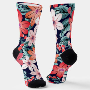 Seamless flowers navy and pink modern girly boho socks