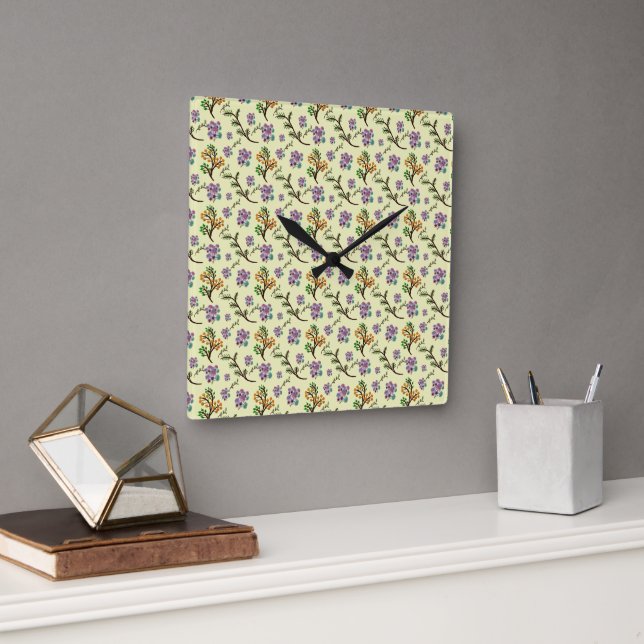 Seamless Forest Leaves Pattern Dark Botanical Natu Square Wall Clock (Office)