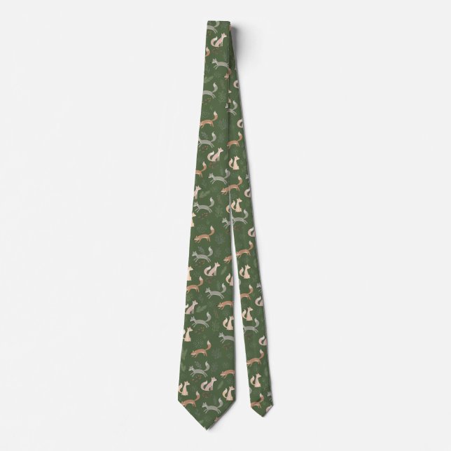Seamless Fox Winter Branches and Leaves Pattern Tie (Front)