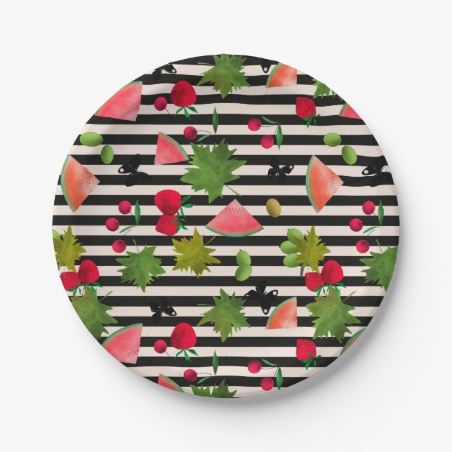 Seamless Fresh Fruits Berries Watercolor Cartoon C Paper Plate (Front)