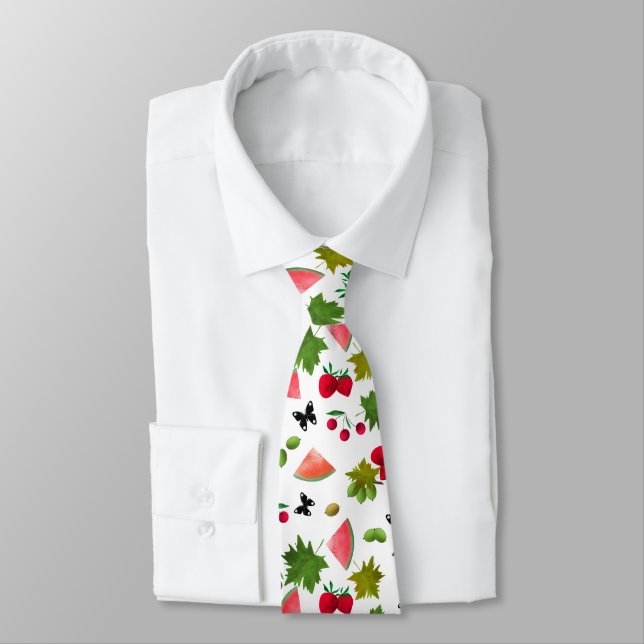 Seamless Fresh Fruits Berries Watercolor Cartoon  Tie (Tied)