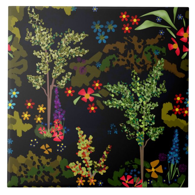 Seamless fun beautiful cute cartoon flowers plants tile (Front)