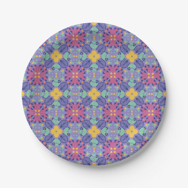 Seamless geometric pattern featuring vibrant pink paper plate (Front)