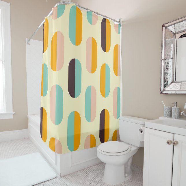Seamless geometric pattern in retro vibes shower curtain (In Situ)