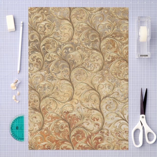 Seamless Gold Tone Grunge Damask Swirl Pattern Tissue Paper (Craft)