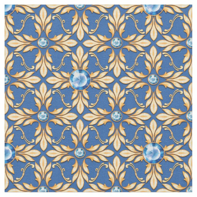 Seamless golden pattern with blue gems 1 fabric (Close Up)