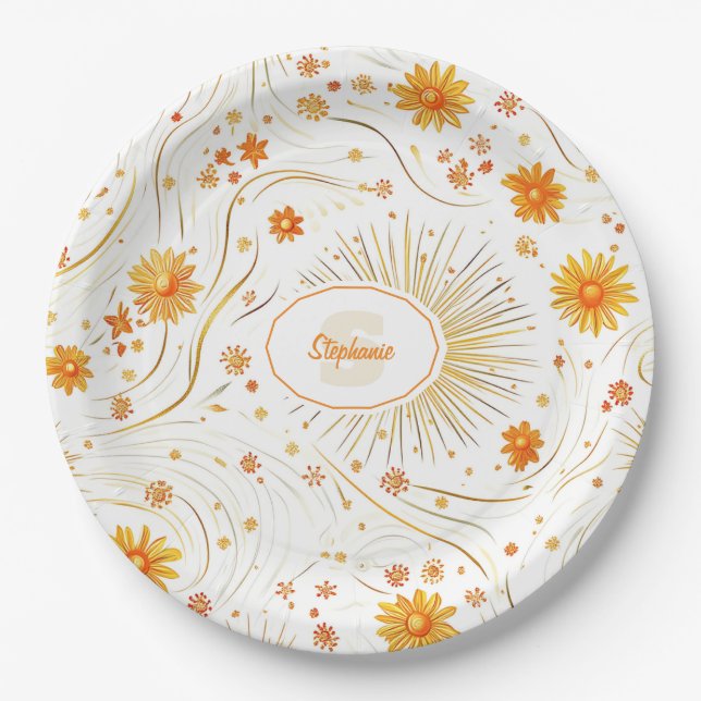 Seamless Golden Sun & Rays - with Abstract Star Paper Plate (Front)