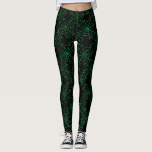 Seamless Green Foil and Black Cobwebs Halloween Leggings