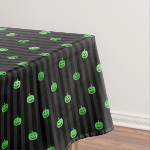 Seamless Green Foil Pumpkins & Stripes Halloween Tablecloth