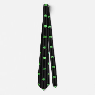 Seamless Green Foil Pumpkins & Stripes Halloween Tie