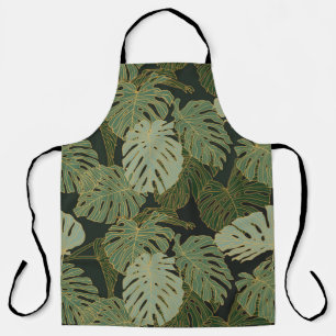Seamless green khaki and gold monstera pattern apron