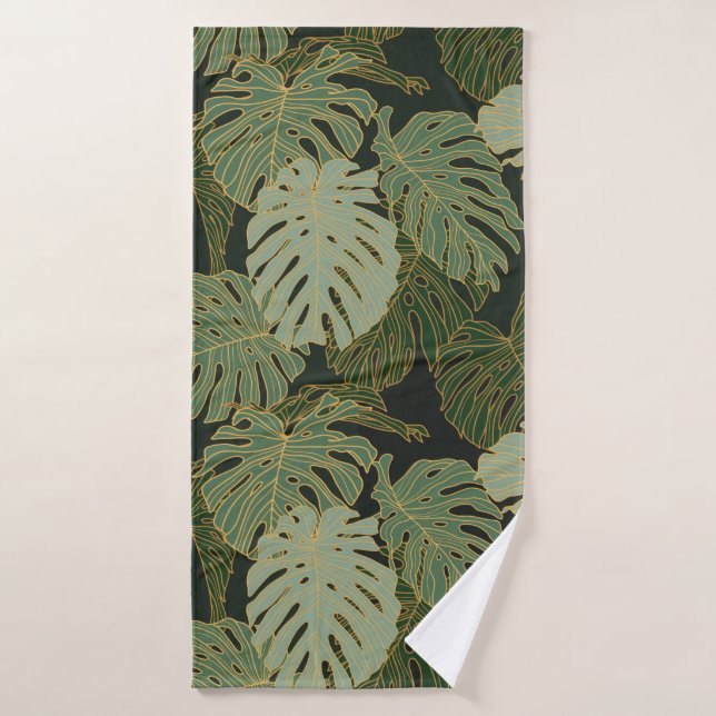 Seamless green khaki and gold monstera pattern bath towel (Bath Towel)