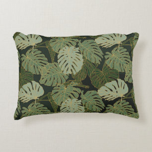 Seamless green khaki and gold monstera pattern decorative cushion