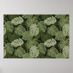 Seamless green khaki and gold monstera pattern poster
