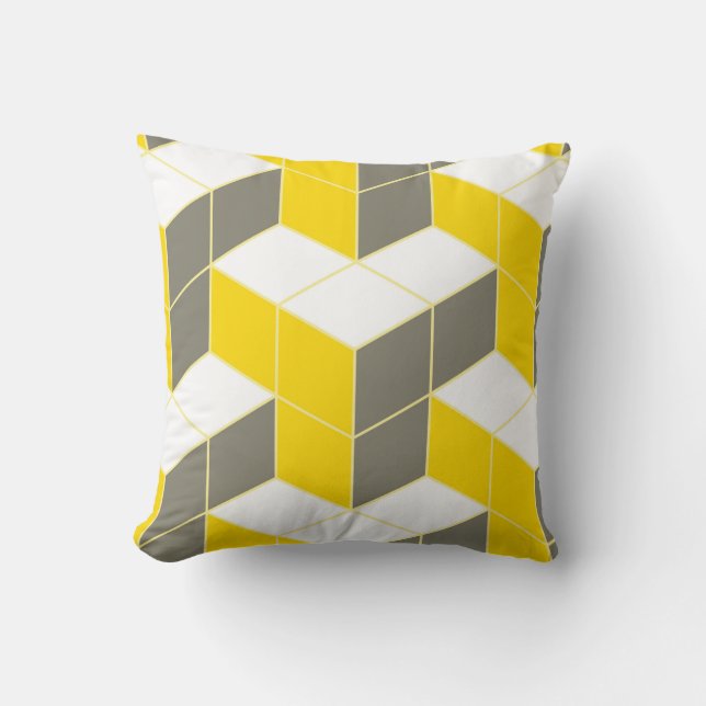 Seamless grey and yellow isometric cubical trident cushion (Front)