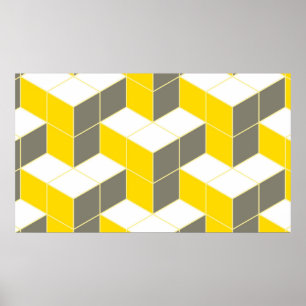 Seamless grey and yellow isometric cubical trident poster