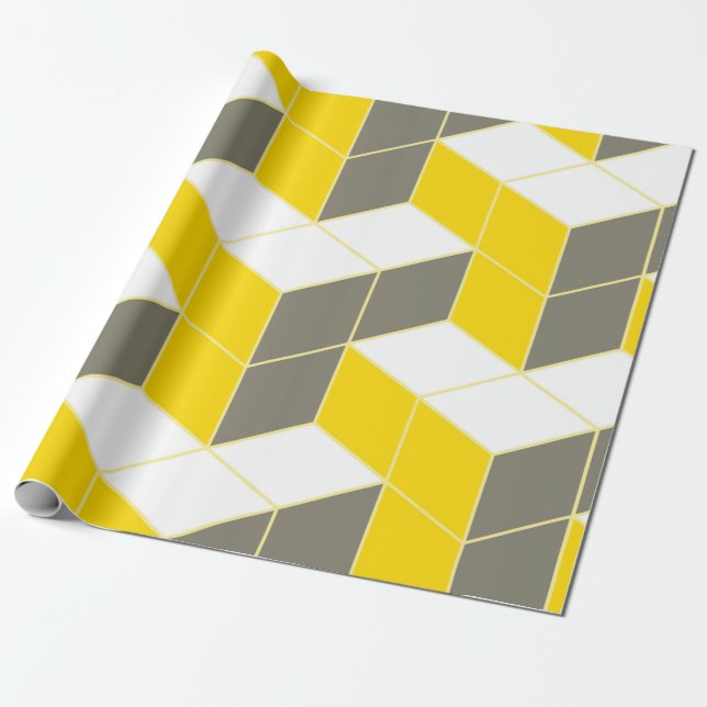 Seamless grey and yellow isometric cubical trident wrapping paper (Unrolled)