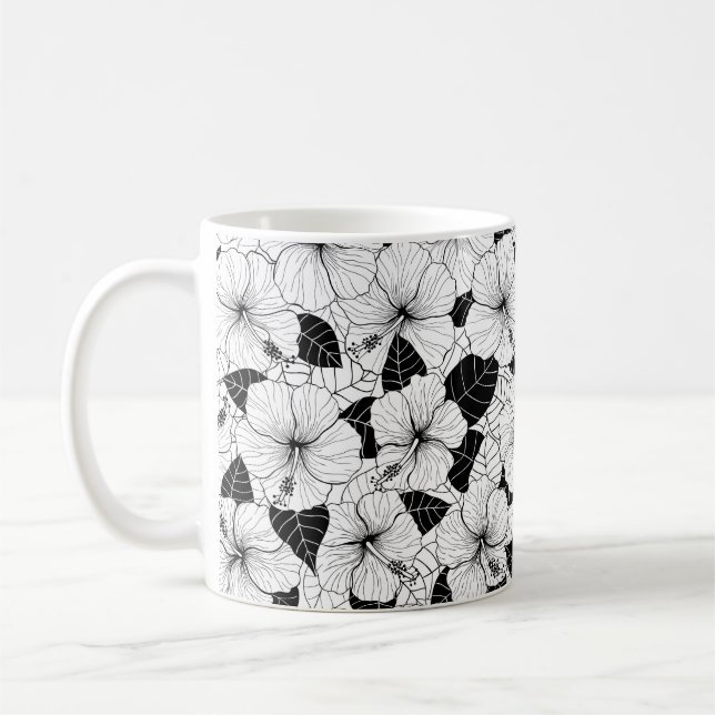 Seamless hand drawn pattern with hibiscus flowers  coffee mug (Left)