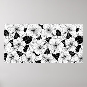 Seamless hand drawn pattern with hibiscus flowers  poster