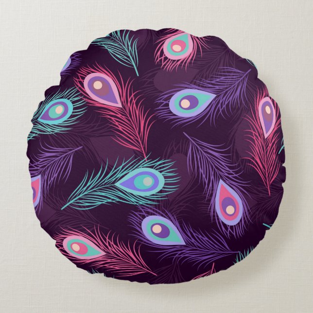 Seamless hand drawn peacock feathers pattern. Vint Round Cushion (Front)