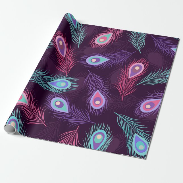 Seamless hand drawn peacock feathers pattern. Vint Wrapping Paper (Unrolled)