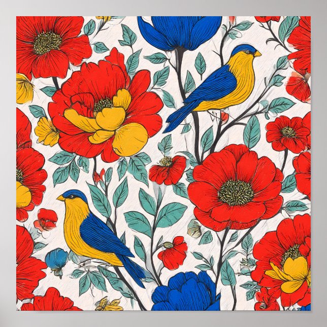 Seamless High-Saturation Folk Art Tiling Pattern Poster (Front)