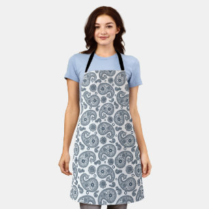 Seamless Indian dark blue paisley pattern on white Apron