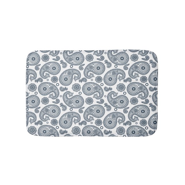 Seamless Indian dark blue paisley pattern on white Bath Mat (Front)