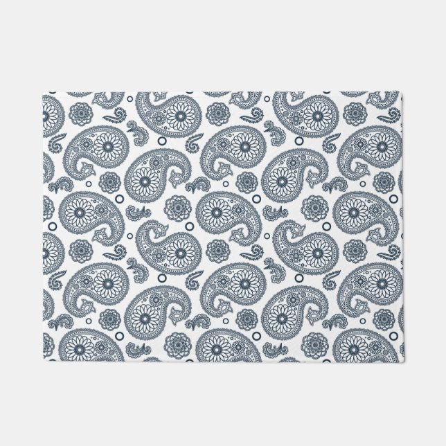 Seamless Indian dark blue paisley pattern on white Doormat (Front)