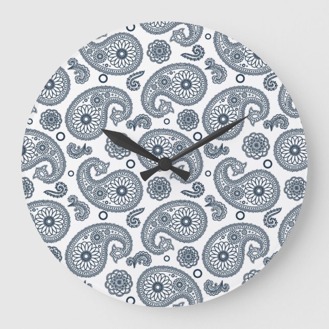 Seamless Indian dark blue paisley pattern on white Large Clock (Front)