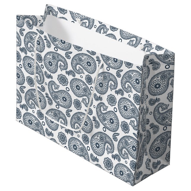 Seamless Indian dark blue paisley pattern on white Large Gift Bag (Front Angled)