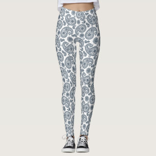 Seamless Indian dark blue paisley pattern on white Leggings