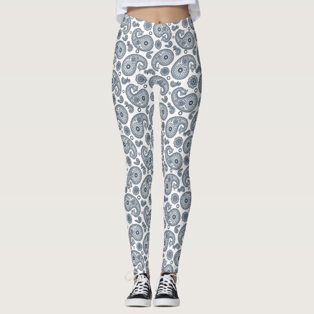 Seamless Indian dark blue paisley pattern on white Leggings (Front)