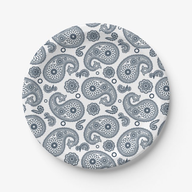 Seamless Indian dark blue paisley pattern on white Paper Plate (Front)
