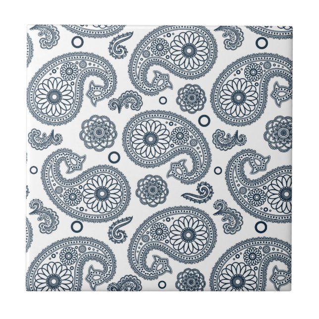 Seamless Indian dark blue paisley pattern on white Tile (Front)
