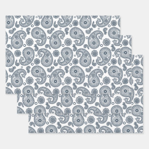 Seamless Indian dark blue paisley pattern on white Wrapping Paper Sheet