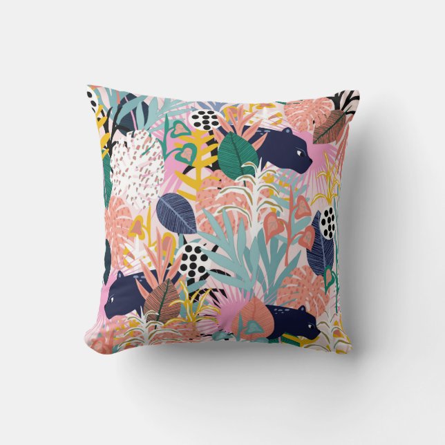 Seamless jungle pattern with panthers, colourful l cushion (Front)