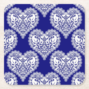 Seamless love Valentines Day navy white lacy lace Square Paper Coaster