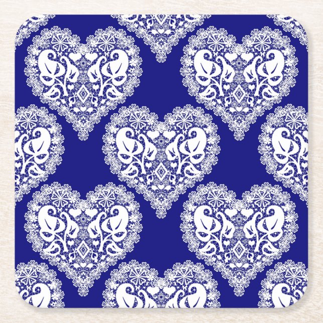 Seamless love Valentines Day navy white lacy lace Square Paper Coaster (Front)