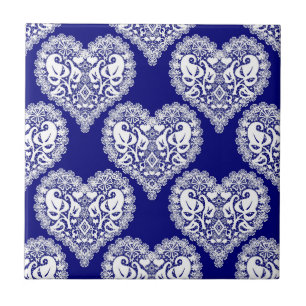 Seamless love Valentines Day navy white lacy lace Tile