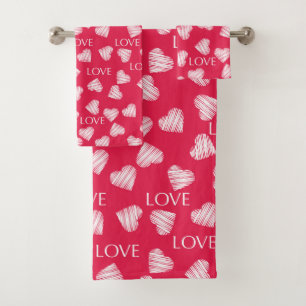 Seamless LOVE Valentines Day pink red white scratc Bath Towel Set