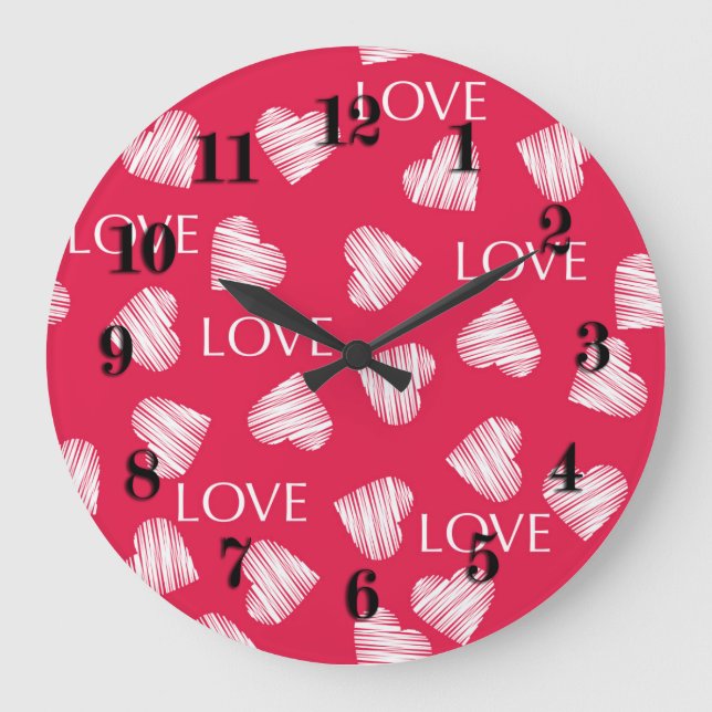 Seamless LOVE Valentines Day pink white scratch he Large Clock (Front)