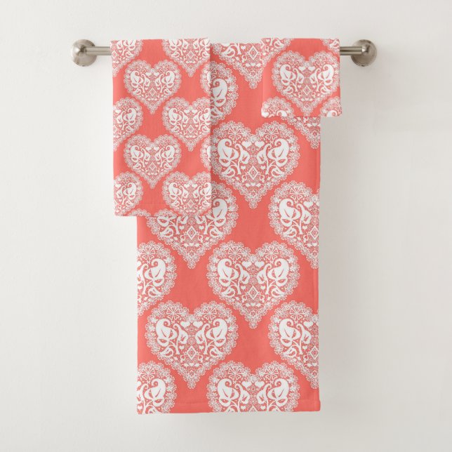 Seamless love Valentines Day white lacy lace heart Bath Towel Set (Insitu)