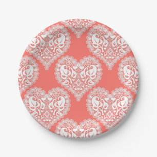 Seamless love Valentines Day white lacy lace heart Paper Plate