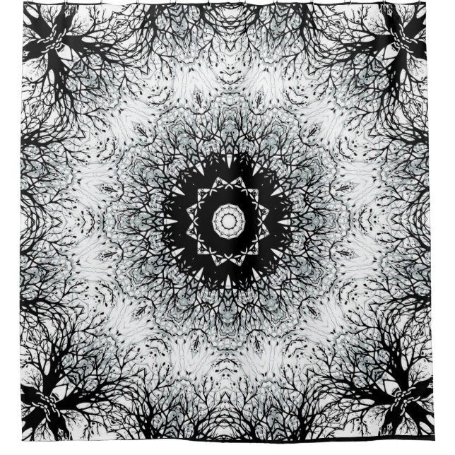 Seamless mandala kaleidoscope tile black grey whit shower curtain (Front)