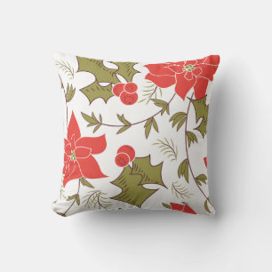 Seamless Merry Christmas red poinsettia green euon Cushion