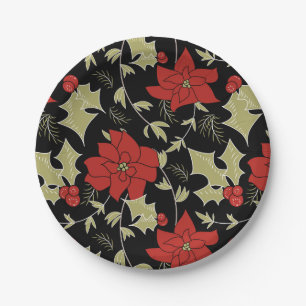 Seamless Merry Christmas red poinsettia green euon Paper Plate