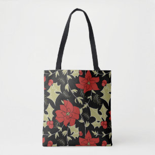 Seamless Merry Christmas red poinsettia green euon Tote Bag