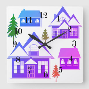 Seamless Merry Christmas violet pink houses green Square Wall Clock